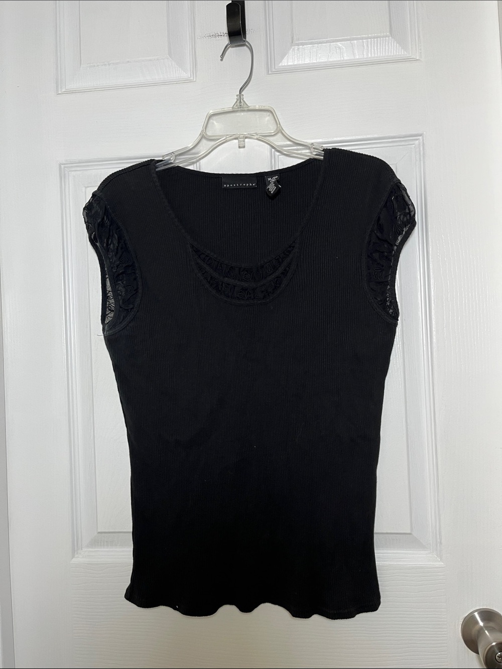 Apostrophe Y2K Black Ribbed Tank with Embroidered Organza-Trim Sleeves